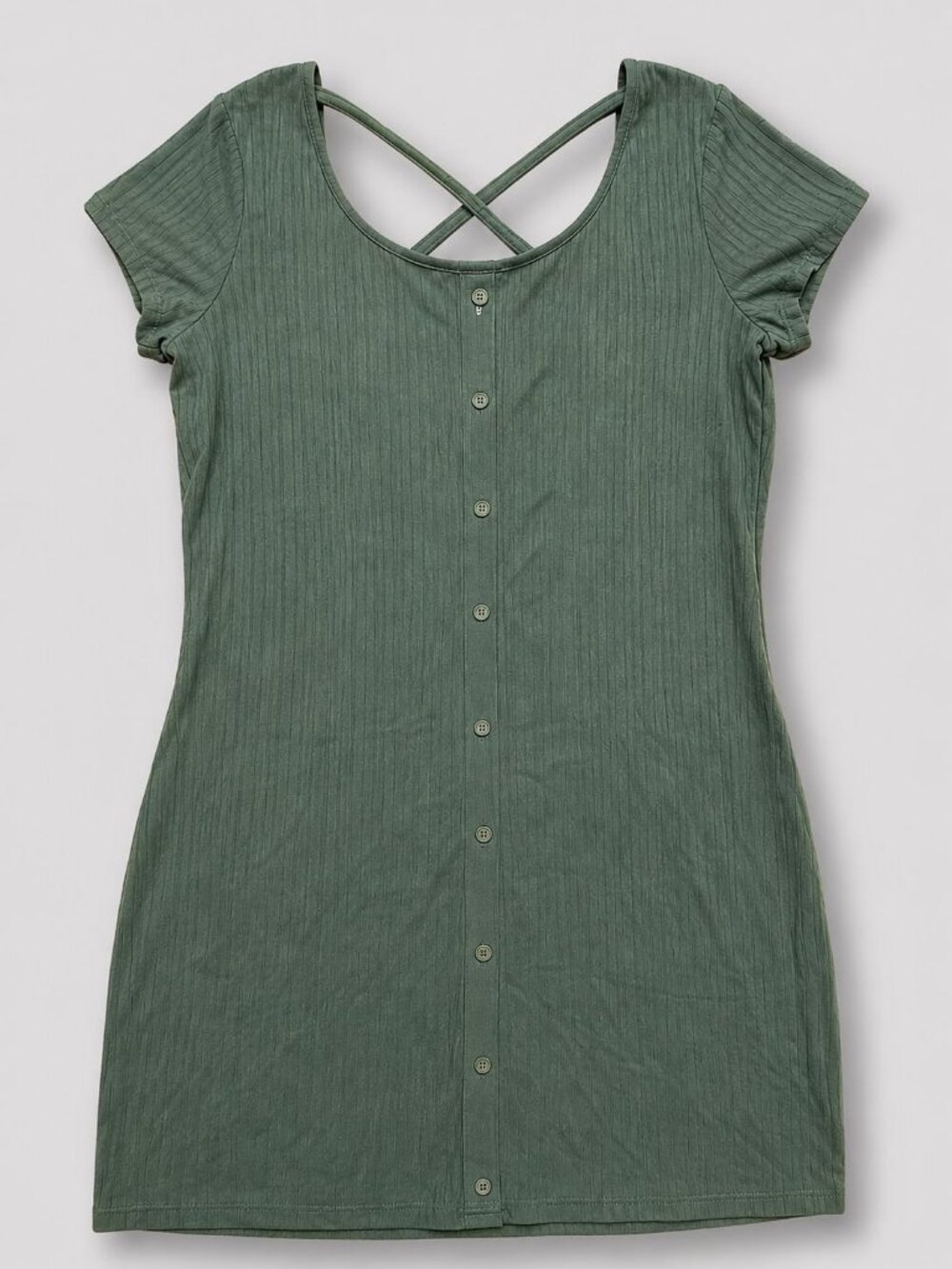 No Boundaries XXL Green Ribbed Mini Dress Criss Cross Back Button (faux) Front